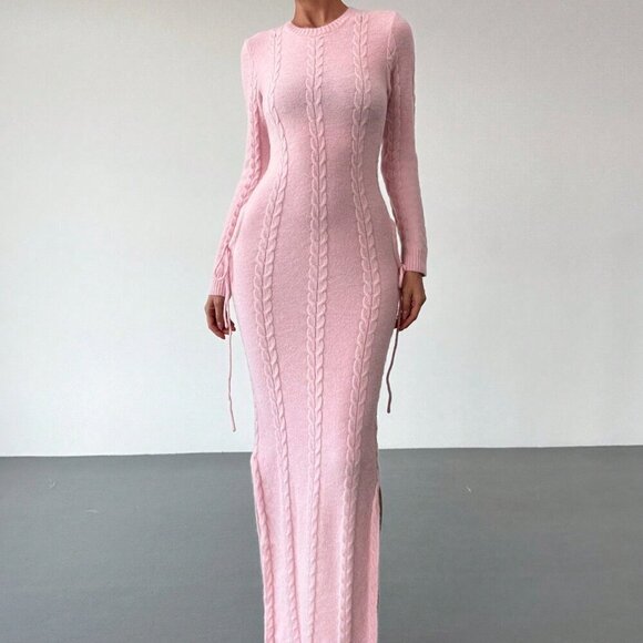 Pink Elegant Women's Warm Cinched Waist Knitted Dress - Picture 5 of 8